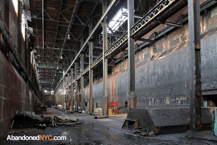 Inside the abandoned Domino Sugar Refinery's cavernous raw sugar warehouse.